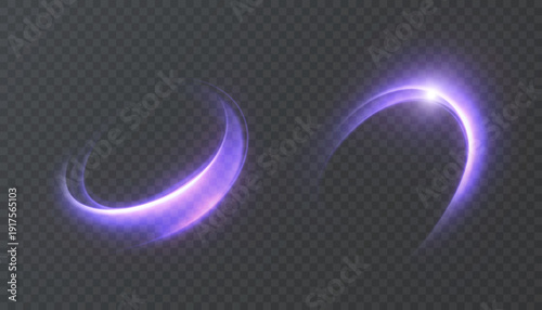 Purple neon light swoosh set with curved comet trails and soft glow, isolated on transparent background. Dynamic arc streaks for VFX overlays and motion graphics.