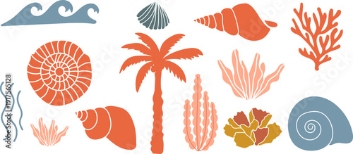 Hand drawn Summer vintage sticker set with palm tree, spiral shell, seashell, coral branches, ocean wave and tropical leaf elements. Retro coastal collage for vacation print design.