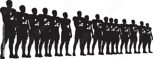 Full lineup of diverse American football players in silhouette, showcasing a full team roster with varying heights and numbers. , Generative Ai