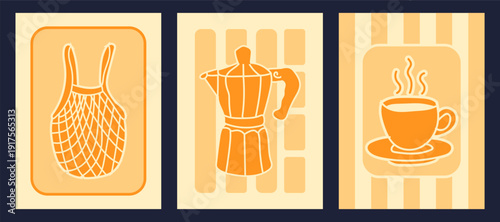 Minimal retro kitchen theme with mesh shopping bag, moka pot coffee maker and hot cup illustration in striped frames. Trendy design for cards, wall art , Poster Design