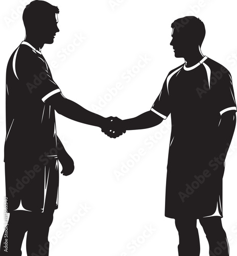 Silhouette of two opposing soccer players shaking hands, symbolizing sportsmanship, respect, and the end of a competitive match. , Generative Ai