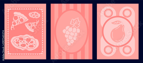 Italian food theme with pizza slices, salami topping, grape cluster with leaf and pear fruit in striped frames. Trendy design for cards, wall art , Poster Design