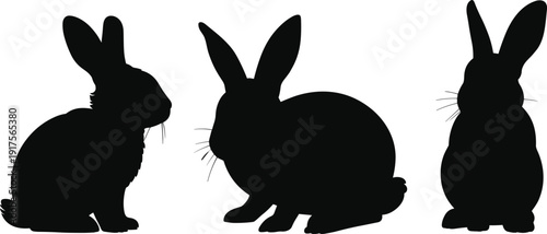Three black rabbit silhouettes with whiskers in different poses on white background, minimalist bunny icon set for Easter design, logo, wildlife illustration and clipart.
