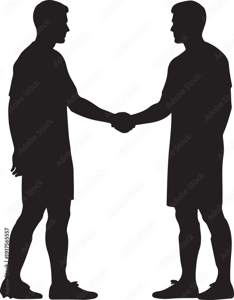 Fototapeta premium Silhouettes of two athletes in sportswear shaking hands, representing sportsmanship, mutual respect, and conclusion of a contest. , Generative Ai