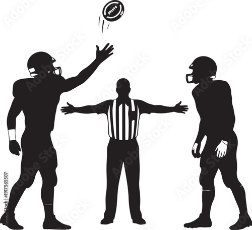 American football game in progress: referee signals play as players vie for the ball in a dynamic sports illustration. , Generative Ai