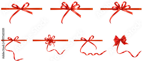 Red Realistic Bow Ribbon Collection Holiday Gift Decoration Valentine Present Christmas Present Tape Knot Shiny Sale Ribbons Birthday Tie For Gifts Vector Template on a Transparent Background