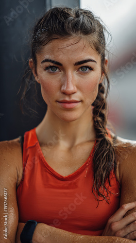 Wallpaper Mural A woman with a ponytail and a red tank top is standing in front of a wall. She is wearing a watch and has a sweatband on her wrist Torontodigital.ca