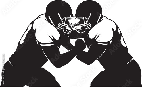 Two American football players in silhouette facing each other in a defensive stance, helmets touching. , Generative Ai
