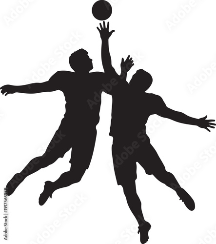 Two basketball players silhouetted mid-air, reaching for the ball in a dynamic jump. , Generative Ai