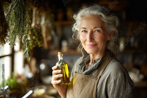 Mature home cook with silver hair and soft smile holding a corked bottle of olive oil in a rustic kitchen with hanging dried herbs and linen apron