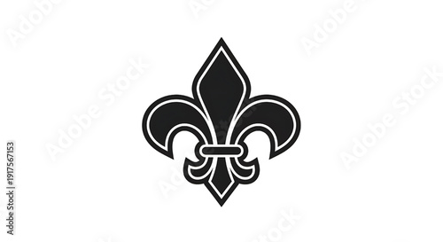 Fleur-de-lis emblem icon with black glossy shield shape and white outline, French heraldry symbol for royalty, scout badge, tattoo design isolated featuring France, monarchy, royal with aristocracy