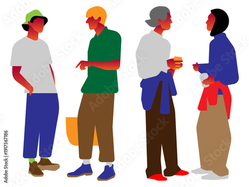 Flat vector illustration of a diverse group of people standing and engaging in casual conversation.