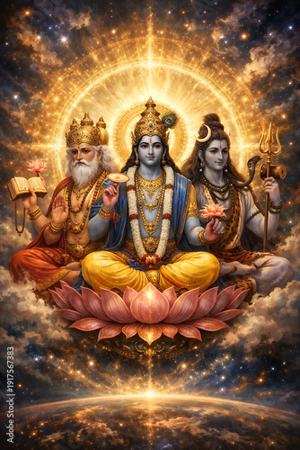 A spiritual representation of the three divine figures seated on a lotus, radiating a celestial aura. The scene is filled with intricate details and spiritual symbolism
