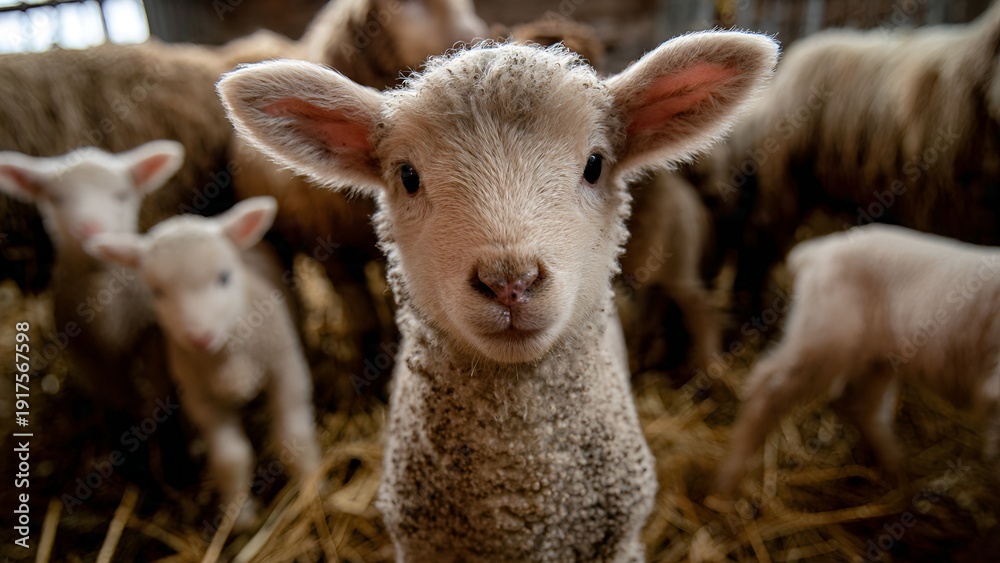 Fototapeta premium An adorable fluffy lamb with large ears gazes directly into the camera while surrounded by its