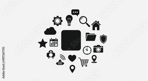 A collection of diverse icons arranged in a circular pattern around a central square, representing various digital and technological concepts.