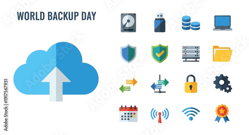 World Backup Day illustration featuring a large cloud with an upload arrow and various data storage and security icons.