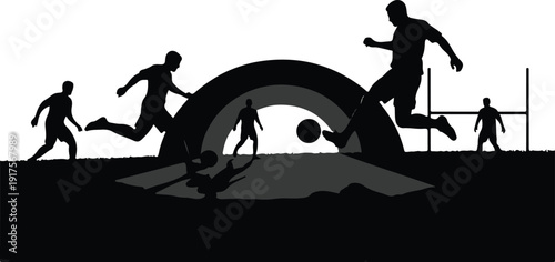 Dramatic soccer game silhouette with players and a rainbow arch, reflection on wet ground, symbolizing unity and hope in sports competition , Generative Ai