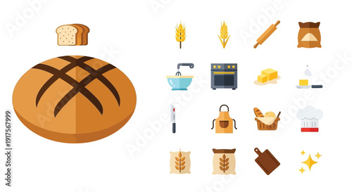 A collection of baking-related illustrations, featuring a large loaf of bread, a slice of bread, and various baking tools and ingredients.