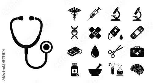 A collection of medical and healthcare-related icons, including a stethoscope, syringe, microscope, DNA strand, blood bag, and first aid kit.