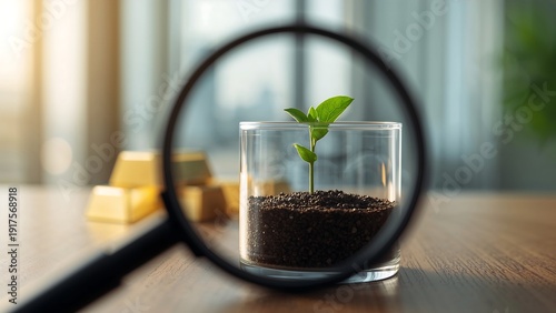 Ultra-HD magnifying glass highlighting green plant in glass container, blurred gold bars behind, warm daylight, minimalist office, symbolic sustainable ethical growth.