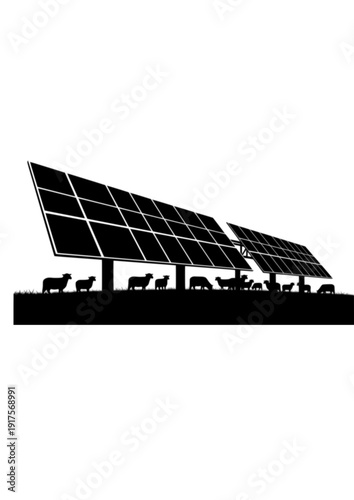 Sheep grazing under solar panels agrivoltaics and sustainable farming silhouette vector