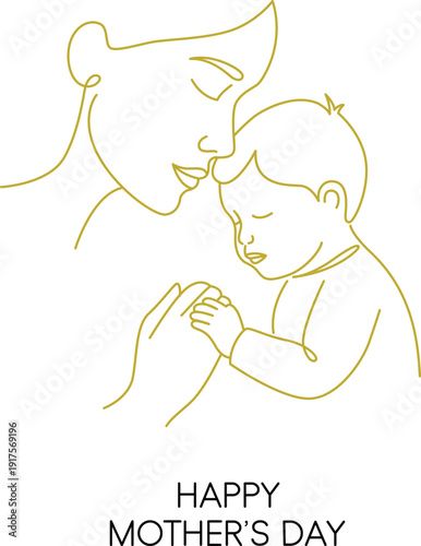 Mother's day postcard. Mum hugs baby continuous one line contour in golden colors on white background. Vector happy mother day symbols of love for mom greeting card design