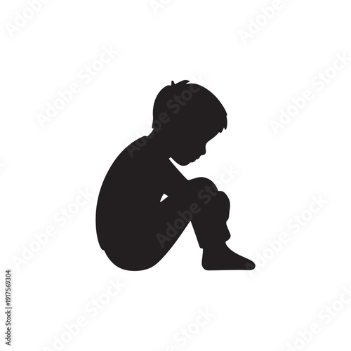 Sitting young sad boy silhouette vector icon isolated on white.