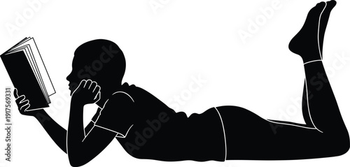 Black silhouette of a person lying down reading a book, young student studying, education and literature concept, isolated on white