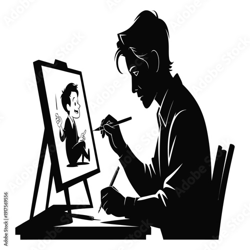 Artist silhouette sketching cartoon character on display board while holding pen and stylus creating new visual media project