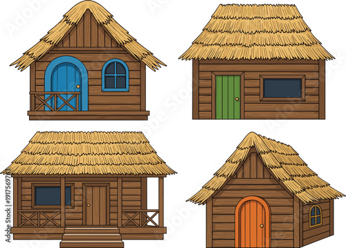 Wooden Tropical Beach Hut Vector Illustration Set Featuring Traditional Bamboo Bungalows with Thatched Roofs for Vacation Resort and Island Travel Design