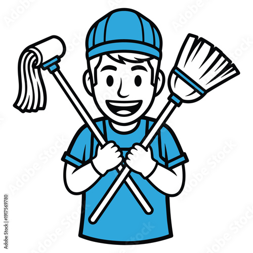 Happy Janitor with Cleaning Tools