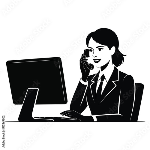 Female receptionist or business executive talking on telephone while working at computer desk professional woman in corporate office black and white silhouette vector