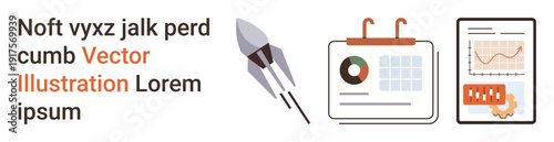 Business development, data analytics, startup concepts, progress tracking, financial growth, big data. Illustration showing a rocket, analytics charts and graphical data. Business development