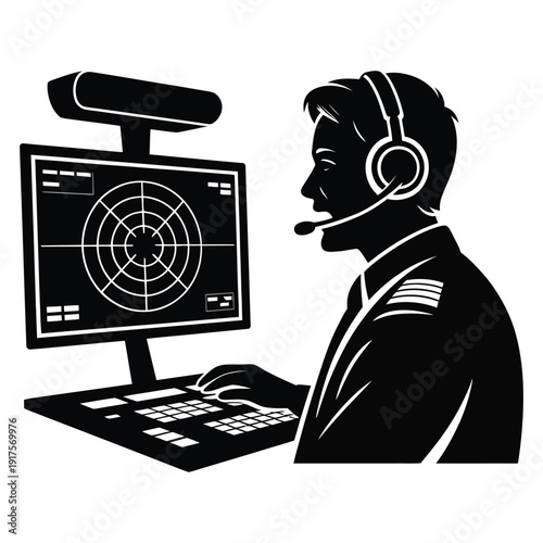 Male operator silhouette wearing headset working on radar navigation system terminal at dispatch control center desk with screen and keyboard professional vector illustration art