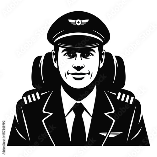 Professional smiling airline pilot wearing uniform with hat and insignia sitting in cockpit ready for flight black and white silhouette portrait vector illustration