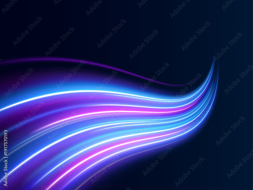 Obraz premium Electric neon waves flow in smooth spiral patterns. Glowing highlights show dynamic movement. Perfect abstract vector illustration.