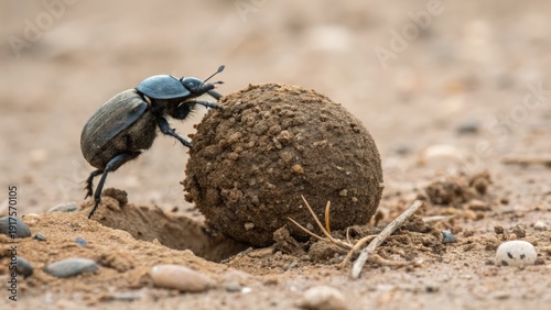 Dung beetle diligently rolls a large ball of earth and organic matter across the dry ground, showcasing nature's industrious creatures.