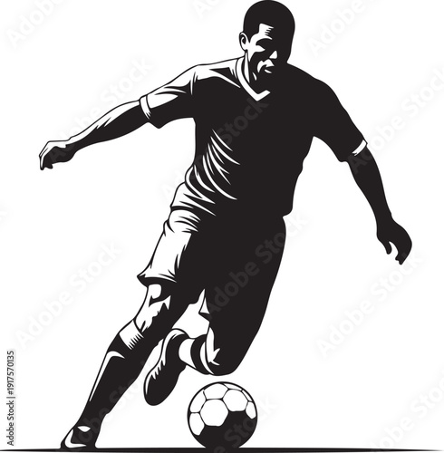 Dynamic silhouette of a male soccer player dribbling a ball with intense focus, captured in motion on a white background with a ground line. , Generative Ai