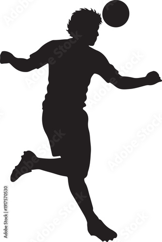 Silhouette of a soccer player leaping to head a ball, captured in dynamic mid-air action against a clean white background. , Generative Ai
