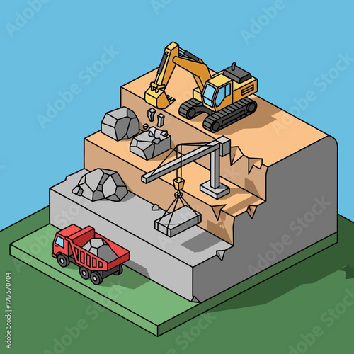 Isometric illustration of construction site with excavator and crane.