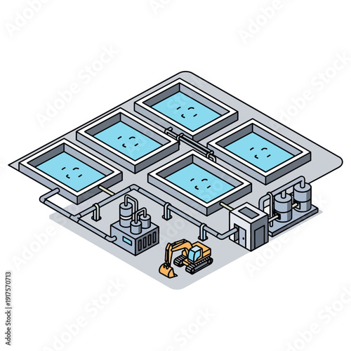 Industrial Water Treatment Plant Facility with Machines and Tanks.