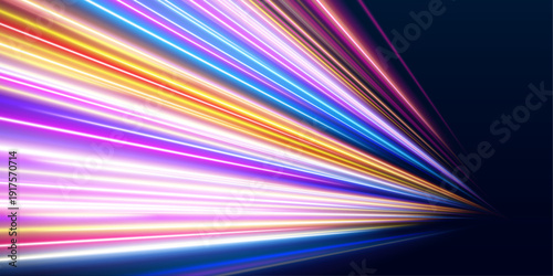 Neon ribbons curl and twist in smooth motion. Spark trails scatter across abstract digital paths. Ideal futuristic vector design.