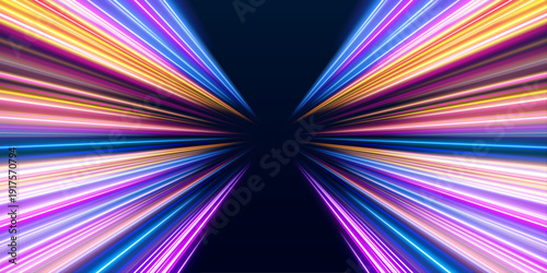 Glowing speed lines spiral dynamically in neon tones. Subtle particle effects add magical energy. Perfect futuristic motion.