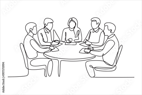 Business team meeting continuous line drawing vector, One continuous line business team meeting people sitting at desks working illustration vector