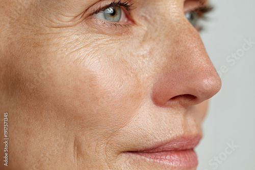 Middle - aged patient with green eye, freckled cheek and fine lines — clinical close - up of nose, lips and crow's - feet emphasizing textured, rosacea - prone skin