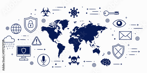 Illustration of various icons representing global connectivity and communication.