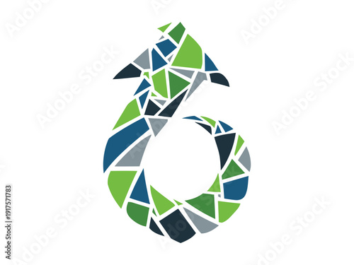 Creative number six mosaic design using geometric shards in blue and green tones