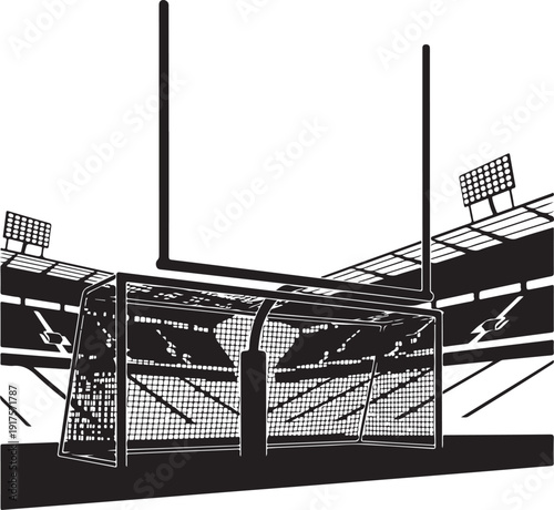 Soccer goal and rugby posts with stadium lights in the background, a monochrome sports scene , Generative Ai
