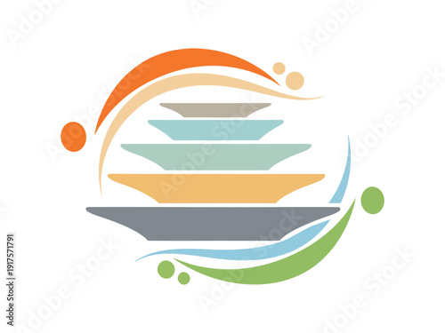 Abstract stacked plates logo with colorful arcs and dots for restaurant or kitchen branding