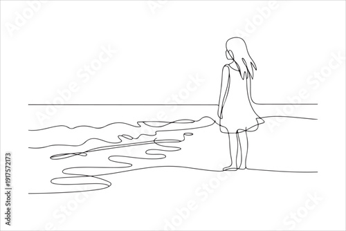 Woman Walking on Beach, Minimal Continuous Line Art. Continuous line drawing of beautiful woman standing on the beach wearing bikini. Vector illustration